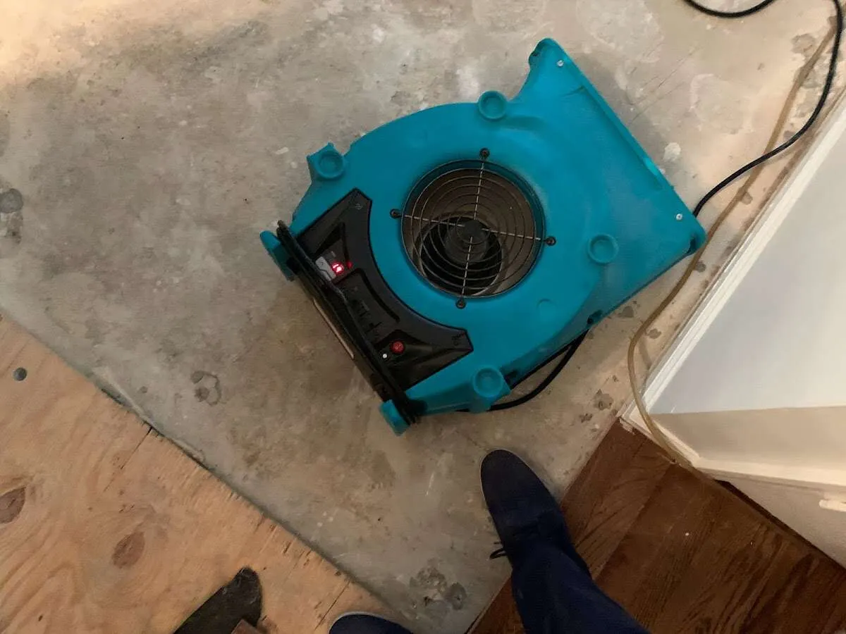 Air mover drying subfloor during Commercial Water Damage Restoration in Reston